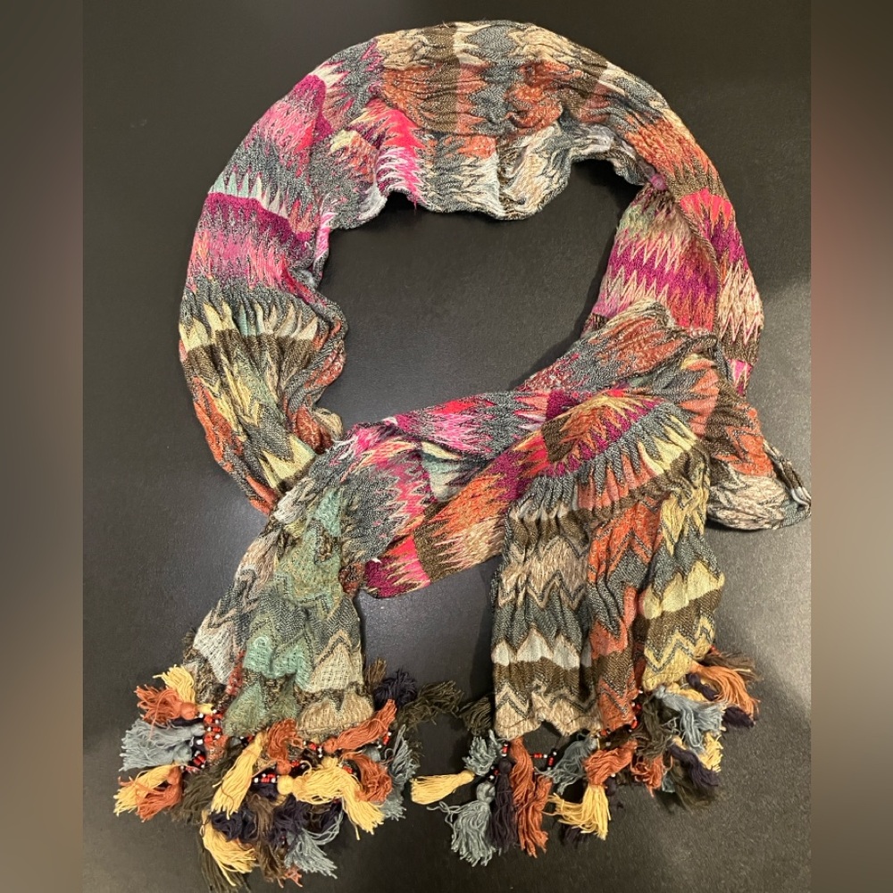 Lucky Brand bohemian Multicolor Knit Scarf with beaded Fringe